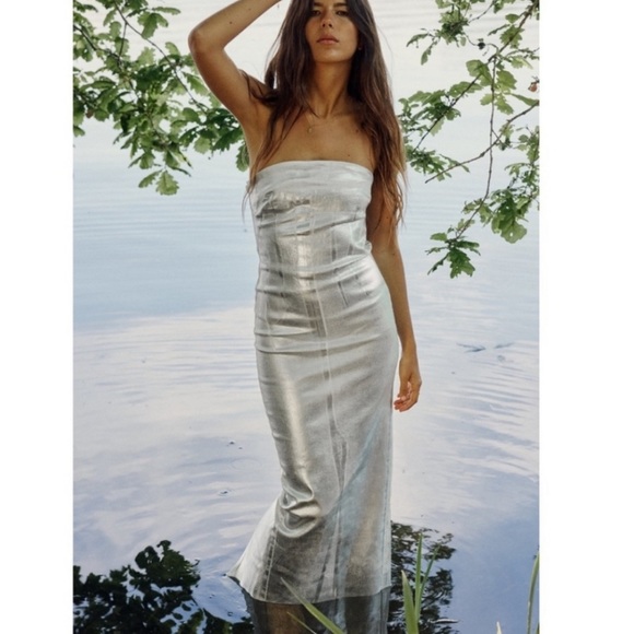 Zara Fitted Metallic Dress Silver Strapless - Picture 10 of 14